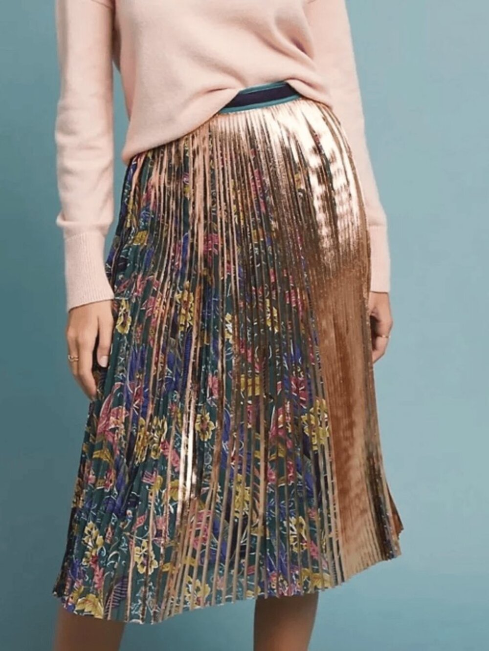 NWT Anthropologie Maeve Pleated Accordion Midi Skirt Metallic & Floral Sz.6